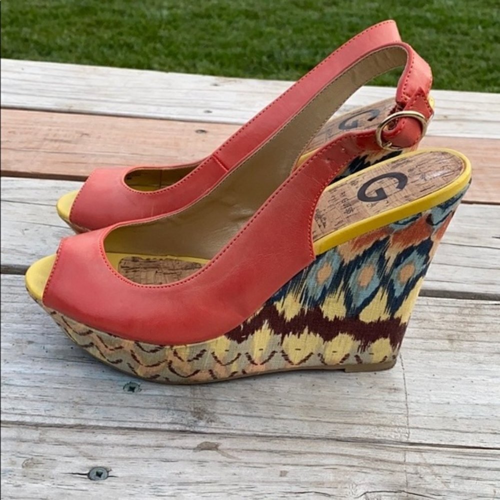 G by Guess Immage Peep Toe Tie Dye Platform Wedges